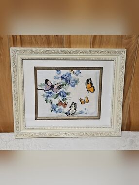 Vtg Framed Butterfly Needlepoint Wall Art Hanging 17" Multicolor Butterflies